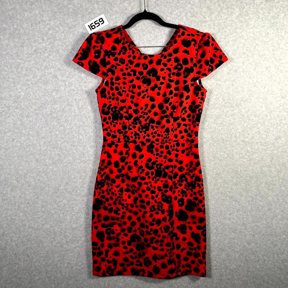 Betsey Johnson Scuba Sheath Dress Womens 2 Red Black Leopard Print Cap Sleeve